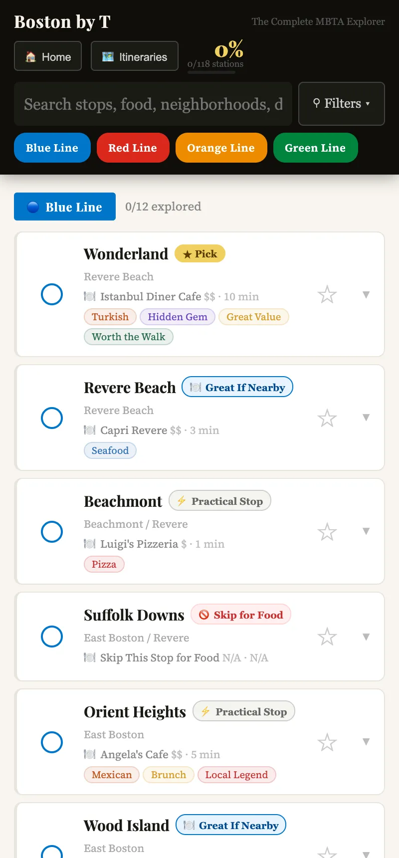 The interactive guide on a phone, showing Blue Line stops: Wonderland marked a Pick with Istanbul Diner Cafe a 10-minute walk, Revere Beach, Beachmont, Suffolk Downs marked Skip for Food, and Orient Heights.