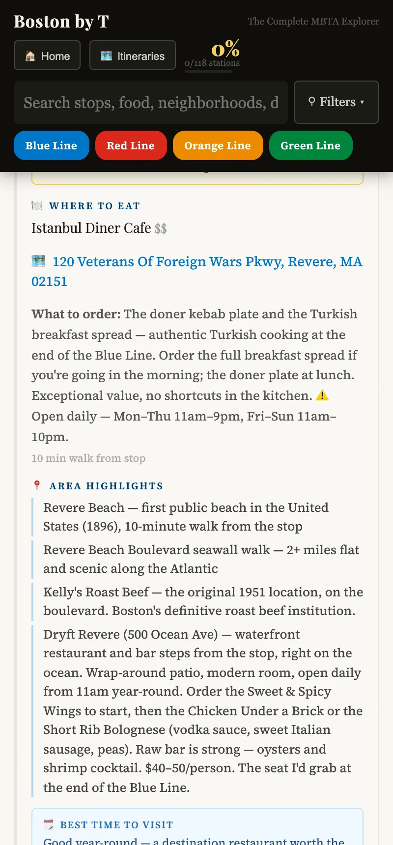 A stop opened up, showing the note on Istanbul Diner Cafe, the street address, a What to order paragraph recommending the doner kebab plate and Turkish breakfast, opening hours, and Area Highlights for Revere Beach.