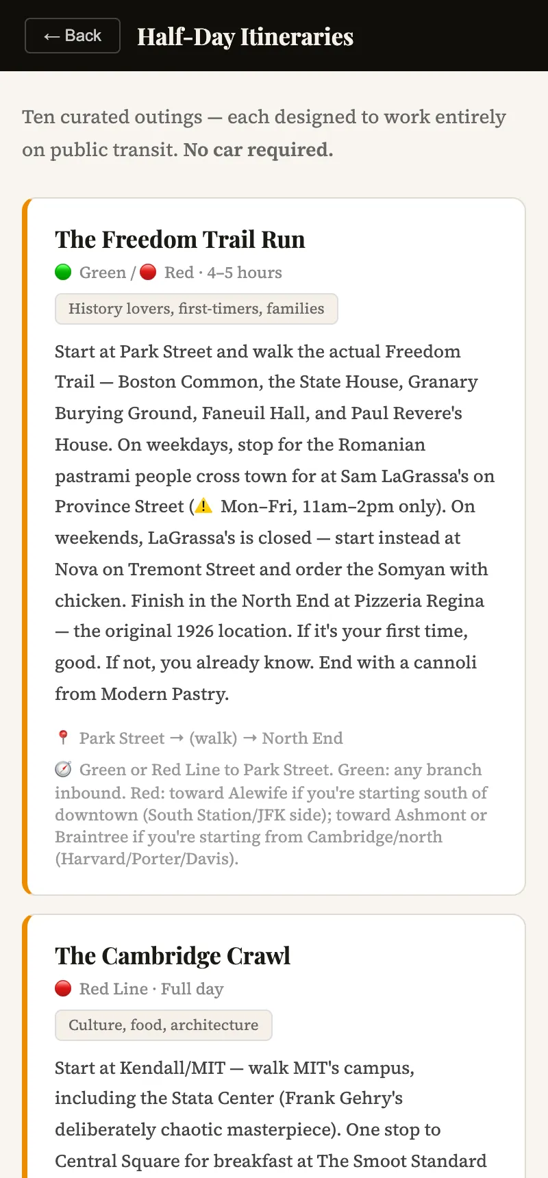 The Half-Day Itineraries screen: ten curated outings that work entirely on public transit, showing The Freedom Trail Run on the Green and Red lines and The Cambridge Crawl on the Red Line.